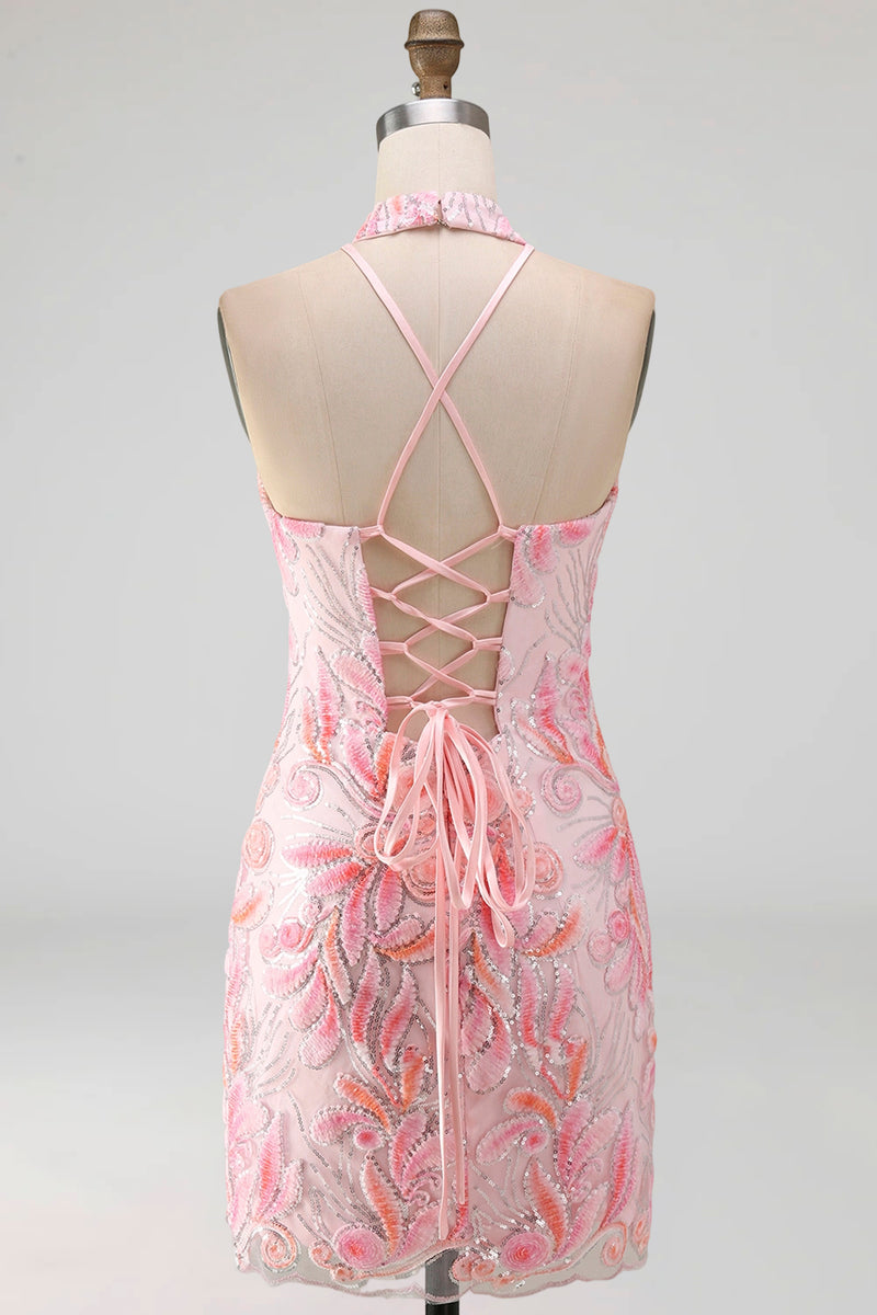 Load image into Gallery viewer, Sparkly Light Blue Floral Halter Sequin Tight Short Cocktail Dress