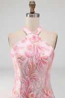 Load image into Gallery viewer, Sparkly Light Blue Floral Halter Sequin Tight Short Cocktail Dress