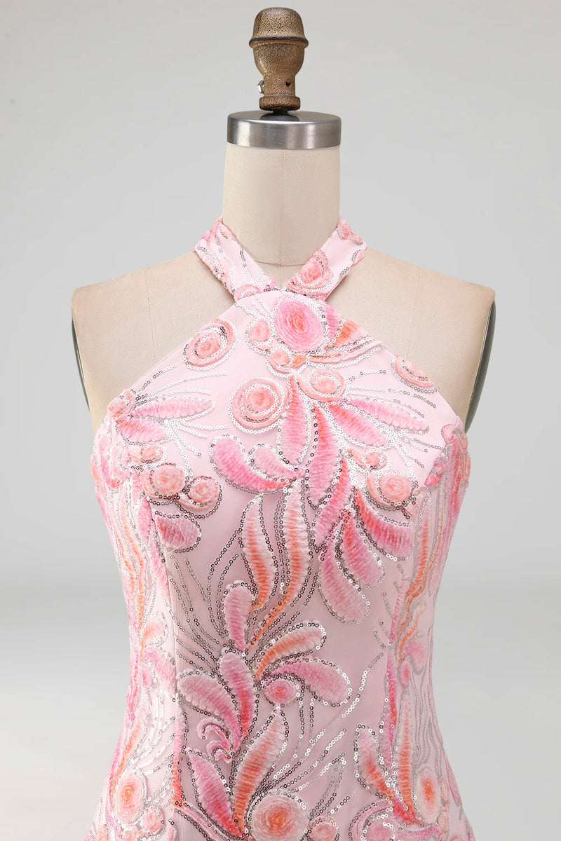 Load image into Gallery viewer, Sparkly Light Blue Floral Halter Sequin Tight Short Cocktail Dress