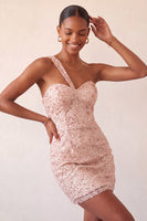Load image into Gallery viewer, Sparkly Blush Sequin One Shoulder Short Tight Cocktail Dress