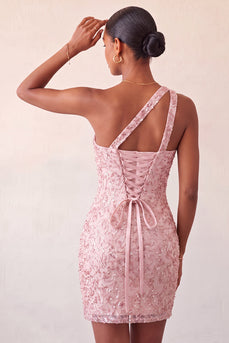 Sparkly Blush Sequin One Shoulder Short Tight Cocktail Dress