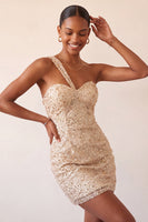Load image into Gallery viewer, Sparkly Blush Sequin One Shoulder Short Tight Cocktail Dress
