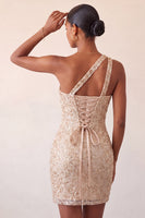 Load image into Gallery viewer, Sparkly Blush Sequin One Shoulder Short Tight Cocktail Dress