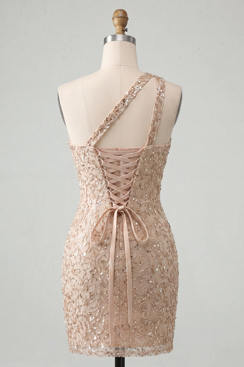 Load image into Gallery viewer, Sparkly Blush Sequin One Shoulder Short Tight Cocktail Dress