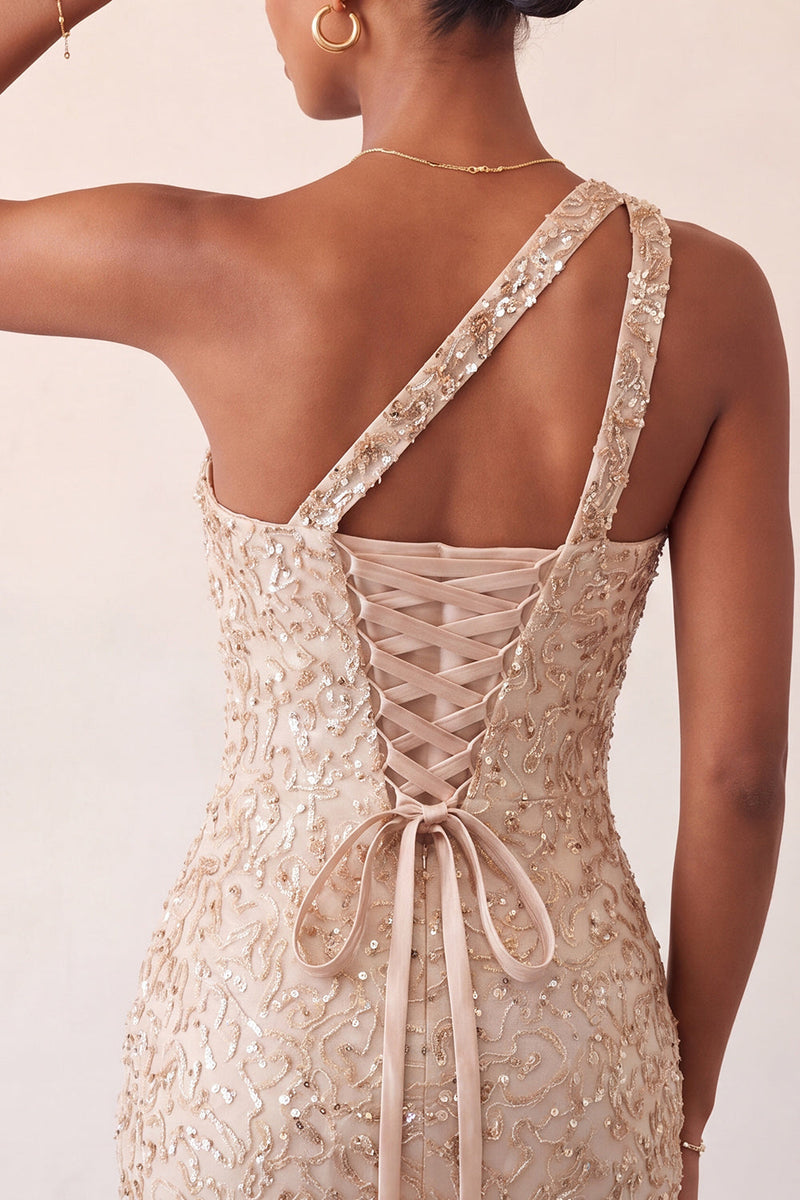 Load image into Gallery viewer, Sparkly Blush Sequin One Shoulder Short Tight Cocktail Dress