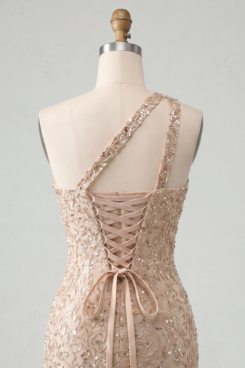 Load image into Gallery viewer, Sparkly Blush Sequin One Shoulder Short Tight Cocktail Dress