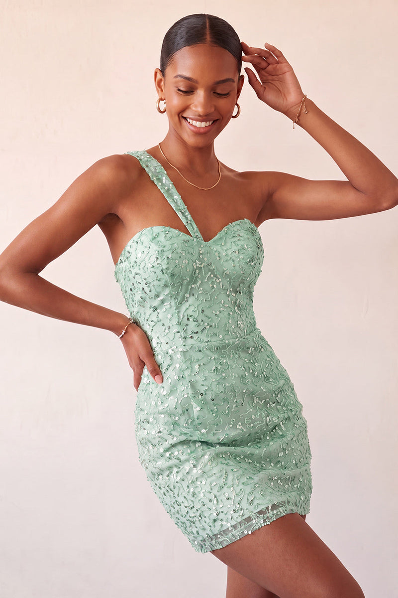 Load image into Gallery viewer, Sparkly Blush Sequin One Shoulder Short Tight Cocktail Dress