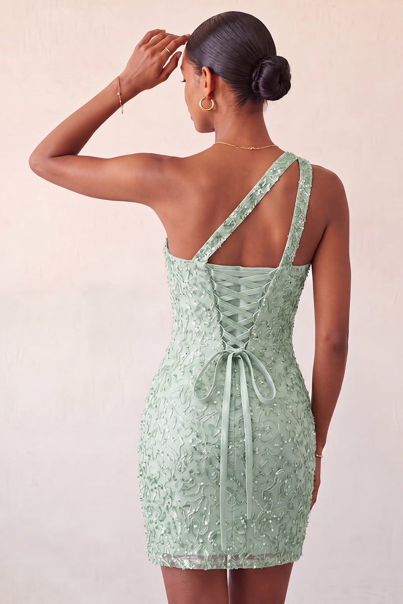 Load image into Gallery viewer, Sparkly Blush Sequin One Shoulder Short Tight Cocktail Dress