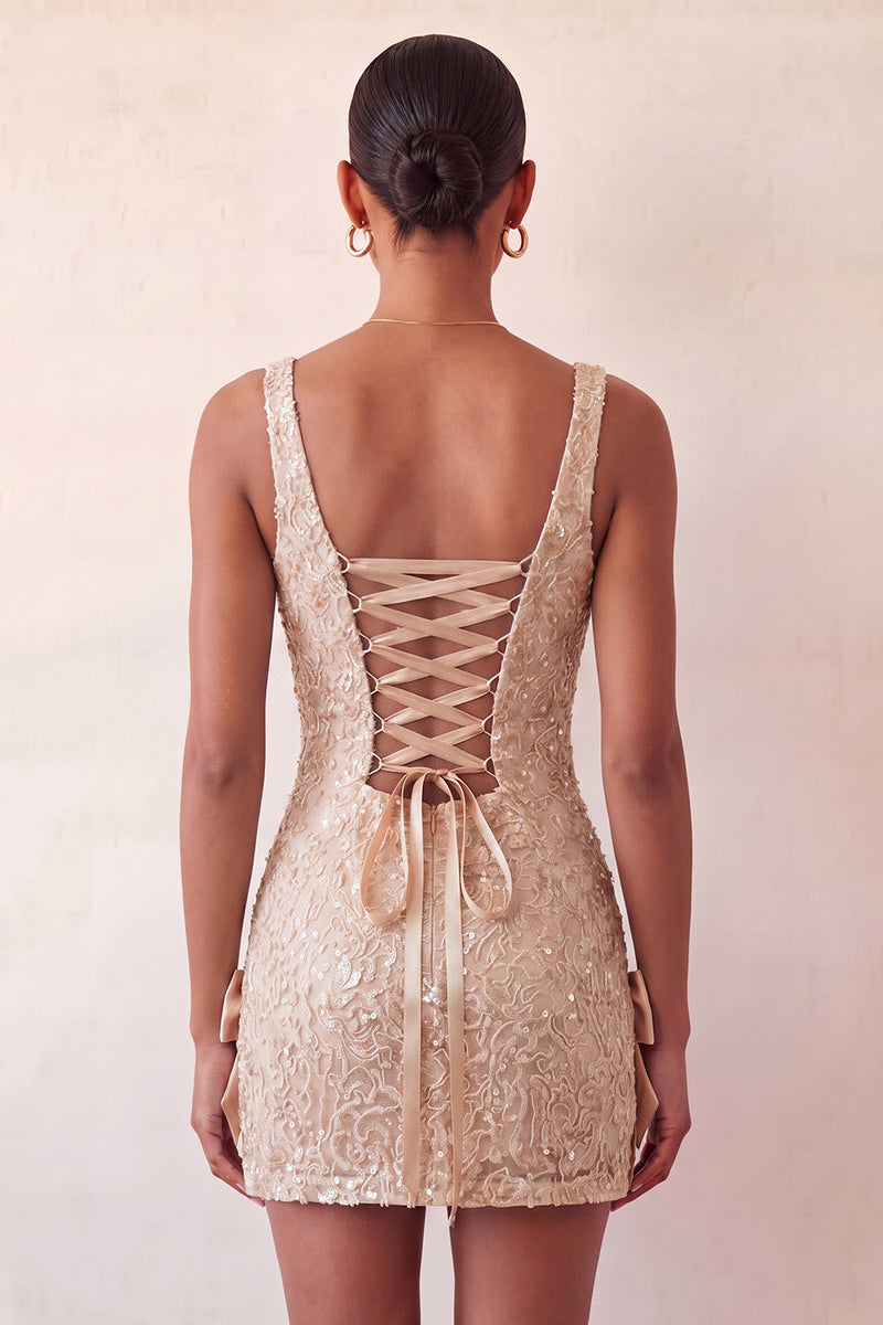 Load image into Gallery viewer, Sparkly Champagne Sequin Tight Short Cocktail Dress with Bows