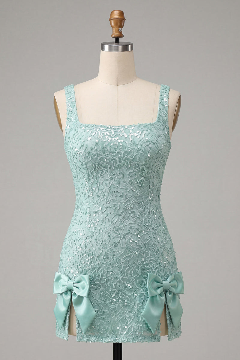 Load image into Gallery viewer, Sparkly Champagne Sequin Tight Short Cocktail Dress with Bows