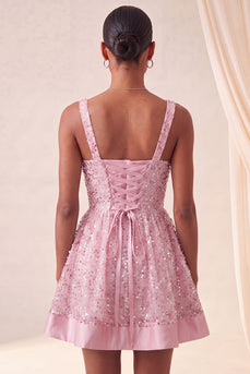 Sparkly Pink Sequin A-Line Short Cocktail Dress with Bows