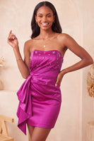 Load image into Gallery viewer, Fuchsia Ruched Strapless Tight Short Cocktail Dress with Sash