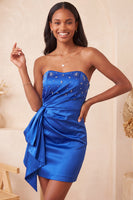 Load image into Gallery viewer, Fuchsia Ruched Strapless Tight Short Cocktail Dress with Sash