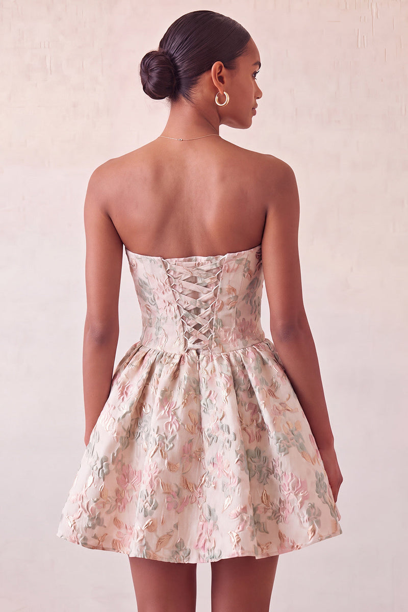 Load image into Gallery viewer, Light Blue Jacquard Strapless A-Line Short Cocktail Dress with Bow