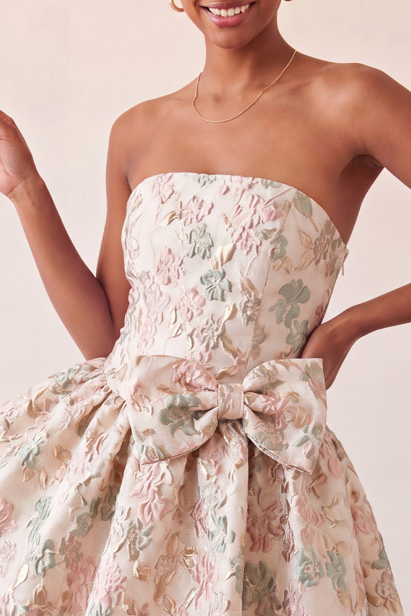 Load image into Gallery viewer, Light Blue Jacquard Strapless A-Line Short Cocktail Dress with Bow
