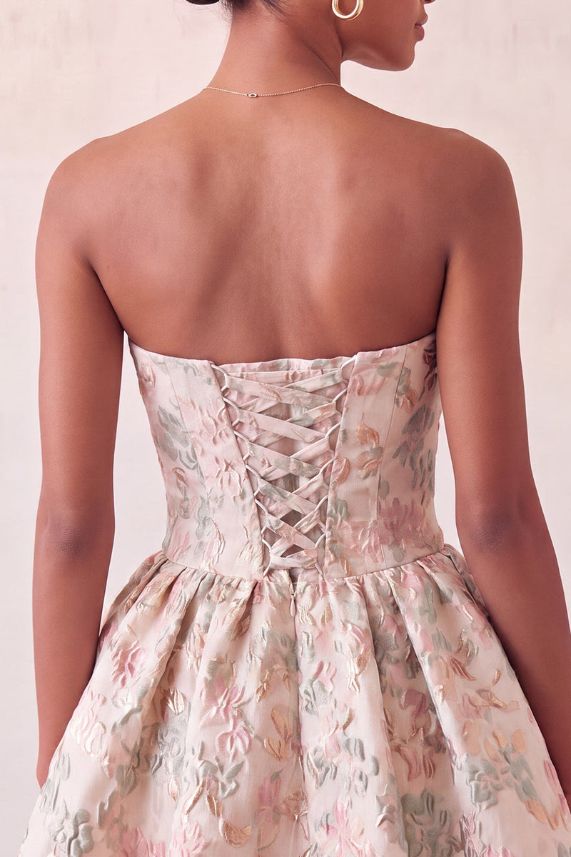 Load image into Gallery viewer, Light Blue Jacquard Strapless A-Line Short Cocktail Dress with Bow