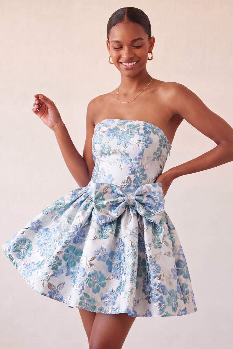 Load image into Gallery viewer, Light Blue Jacquard Strapless A-Line Short Cocktail Dress with Bow