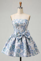 Load image into Gallery viewer, Light Blue Jacquard Strapless A-Line Short Cocktail Dress with Bow