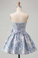 Load image into Gallery viewer, Light Blue Jacquard Strapless A-Line Short Cocktail Dress with Bow