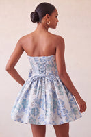 Load image into Gallery viewer, Light Blue Jacquard Strapless A-Line Short Cocktail Dress with Bow