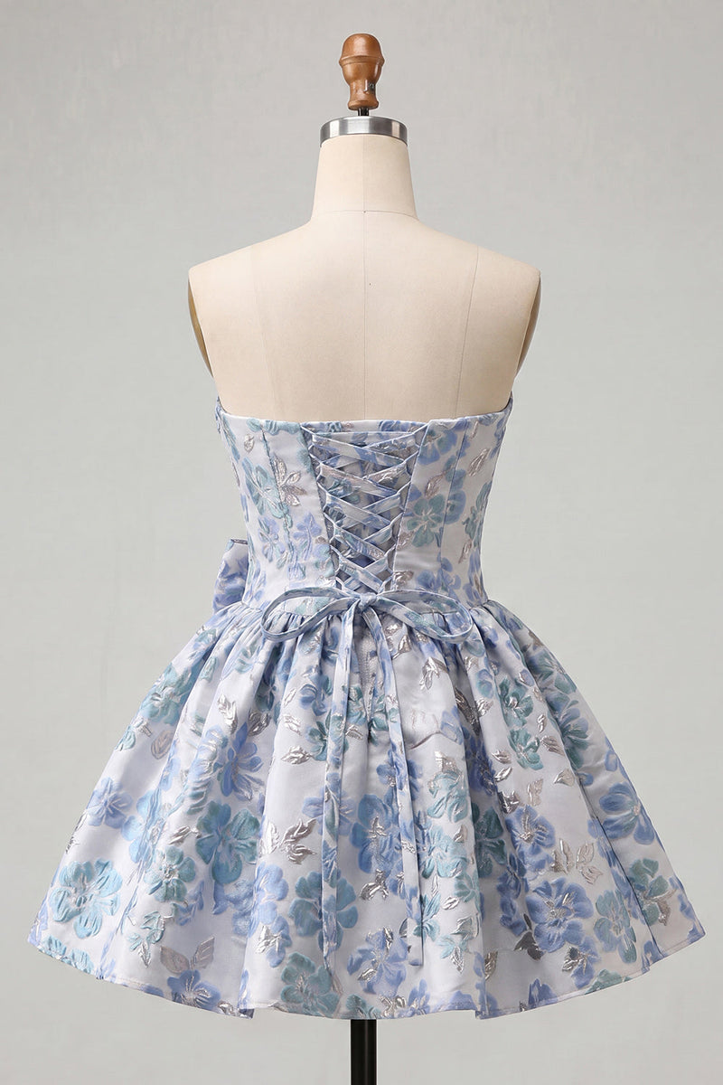 Load image into Gallery viewer, Light Blue Jacquard Strapless A-Line Short Cocktail Dress with Bow