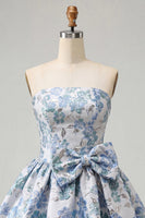 Load image into Gallery viewer, Light Blue Jacquard Strapless A-Line Short Cocktail Dress with Bow