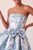 Load image into Gallery viewer, Light Blue Jacquard Strapless A-Line Short Cocktail Dress with Bow
