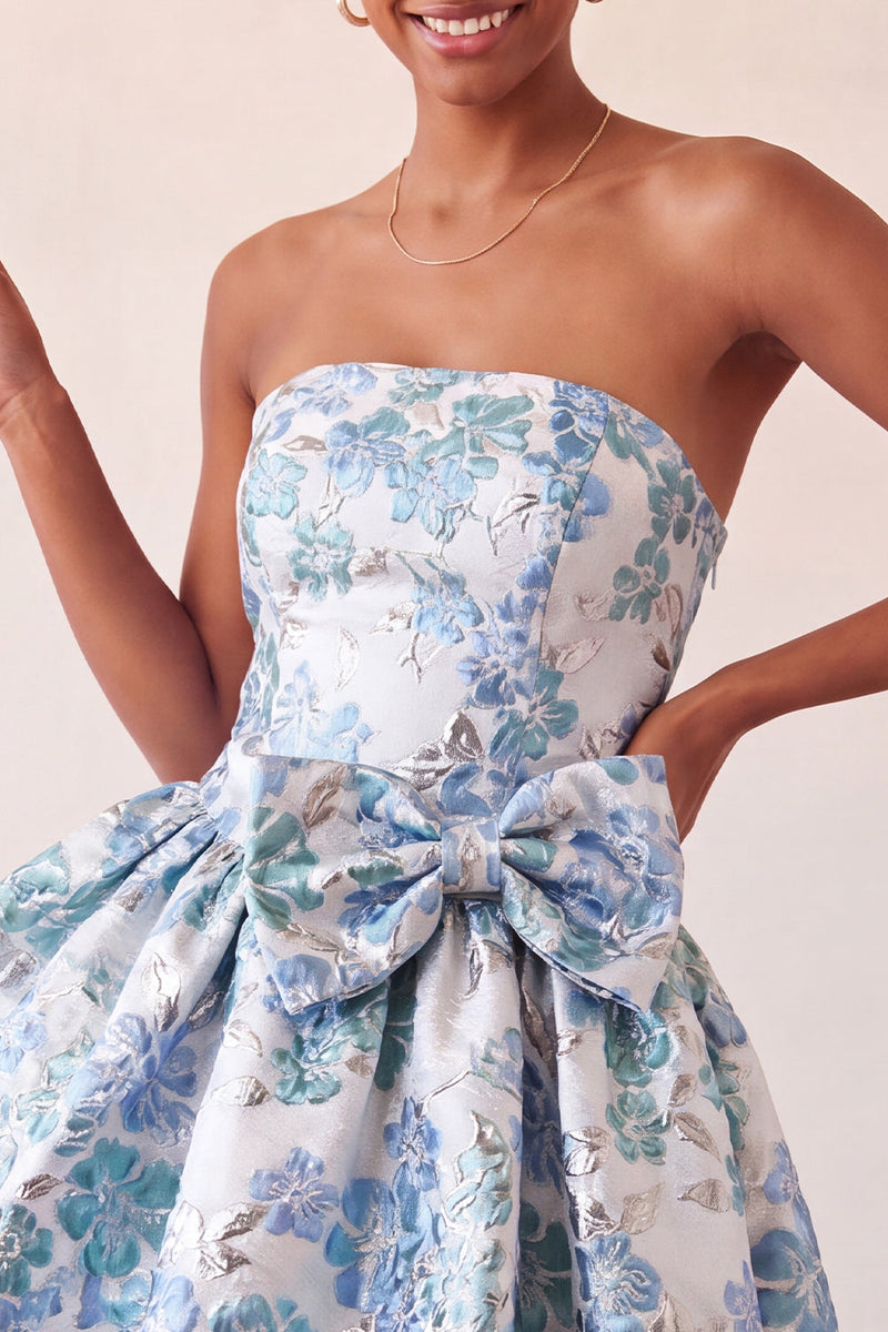 Load image into Gallery viewer, Light Blue Jacquard Strapless A-Line Short Cocktail Dress with Bow