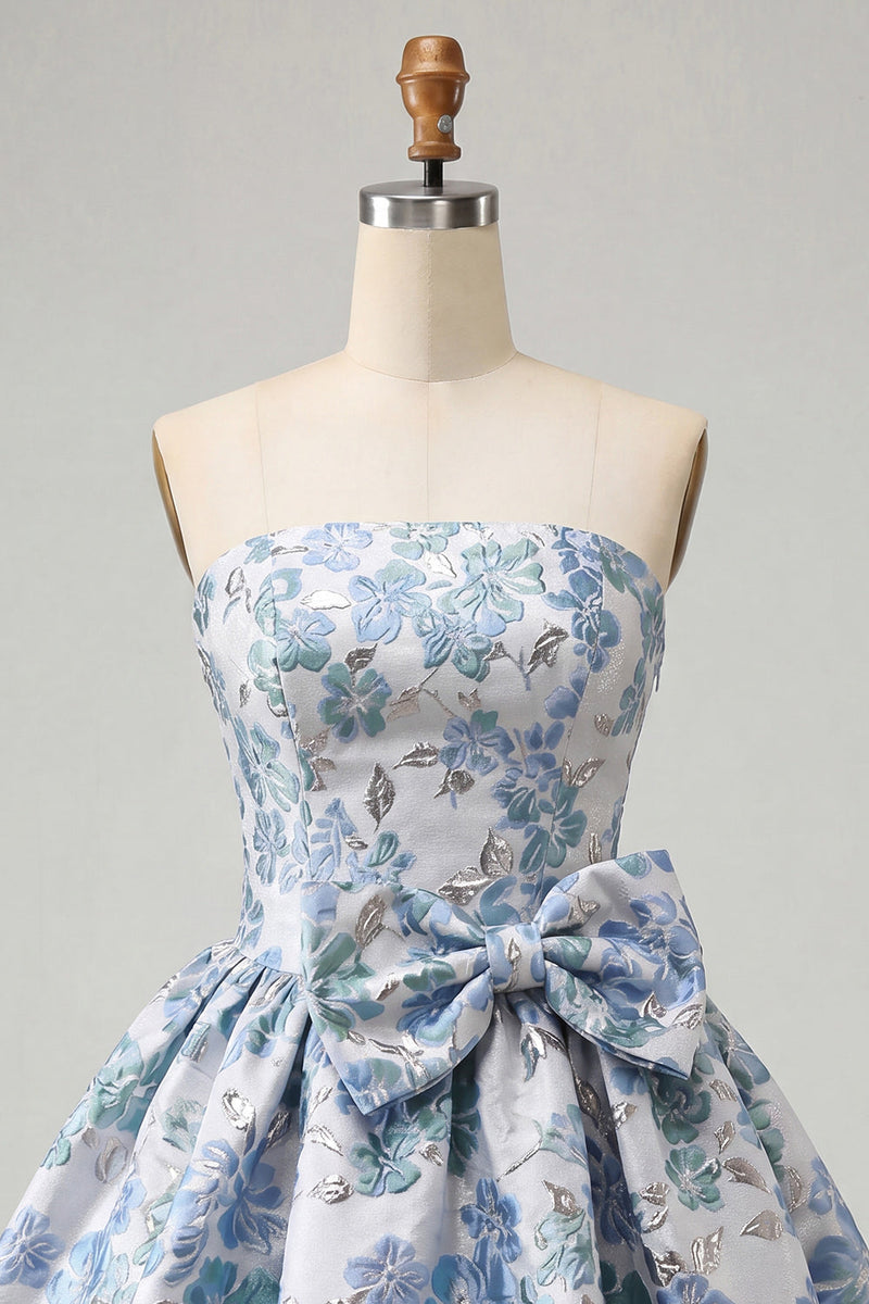 Load image into Gallery viewer, Light Blue Jacquard Strapless A-Line Short Cocktail Dress with Bow