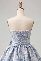 Load image into Gallery viewer, Light Blue Jacquard Strapless A-Line Short Cocktail Dress with Bow