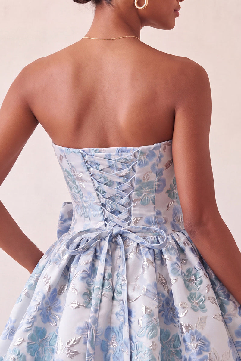 Load image into Gallery viewer, Light Blue Jacquard Strapless A-Line Short Cocktail Dress with Bow