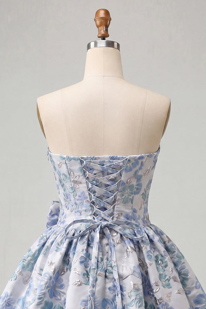 Load image into Gallery viewer, Light Blue Jacquard Strapless A-Line Short Cocktail Dress with Bow