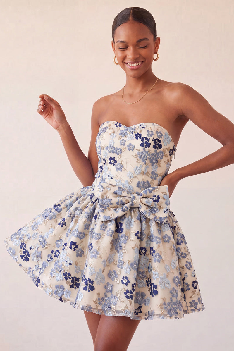 Load image into Gallery viewer, Light Blue Jacquard Strapless A-Line Short Cocktail Dress with Bow