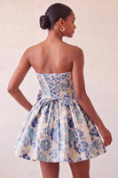 Load image into Gallery viewer, Light Blue Jacquard Strapless A-Line Short Cocktail Dress with Bow