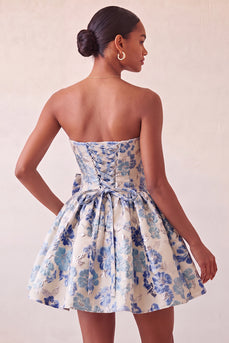Light Blue Jacquard Strapless A-Line Short Cocktail Dress with Bow