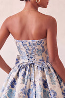 Load image into Gallery viewer, Light Blue Jacquard Strapless A-Line Short Cocktail Dress with Bow
