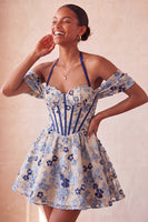 Load image into Gallery viewer, Navy Jacquard Corset A-Line Short Cocktail Dress
