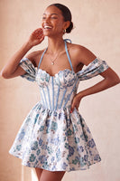 Load image into Gallery viewer, Navy Jacquard Corset A-Line Short Cocktail Dress