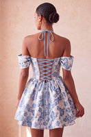 Load image into Gallery viewer, Navy Jacquard Corset A-Line Short Cocktail Dress