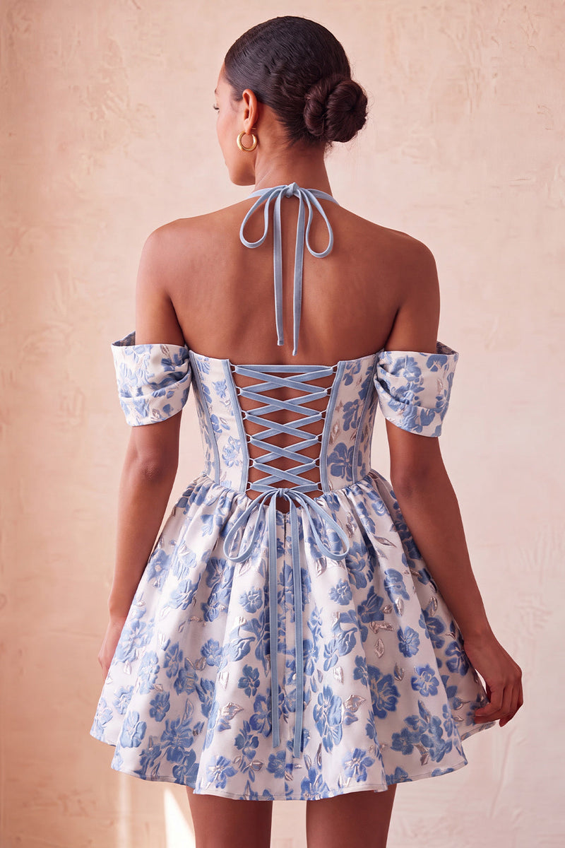 Load image into Gallery viewer, Navy Jacquard Corset A-Line Short Cocktail Dress