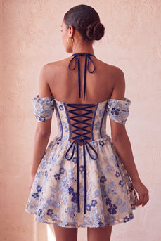 Navy Jacquard Corset A-Line Short Cocktail Dress