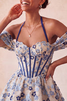 Load image into Gallery viewer, Navy Jacquard Corset A-Line Short Cocktail Dress