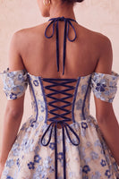 Load image into Gallery viewer, Navy Jacquard Corset A-Line Short Cocktail Dress
