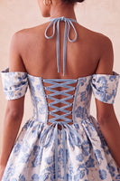 Load image into Gallery viewer, Navy Jacquard Corset A-Line Short Cocktail Dress