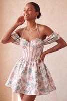 Load image into Gallery viewer, Navy Jacquard Corset A-Line Short Cocktail Dress