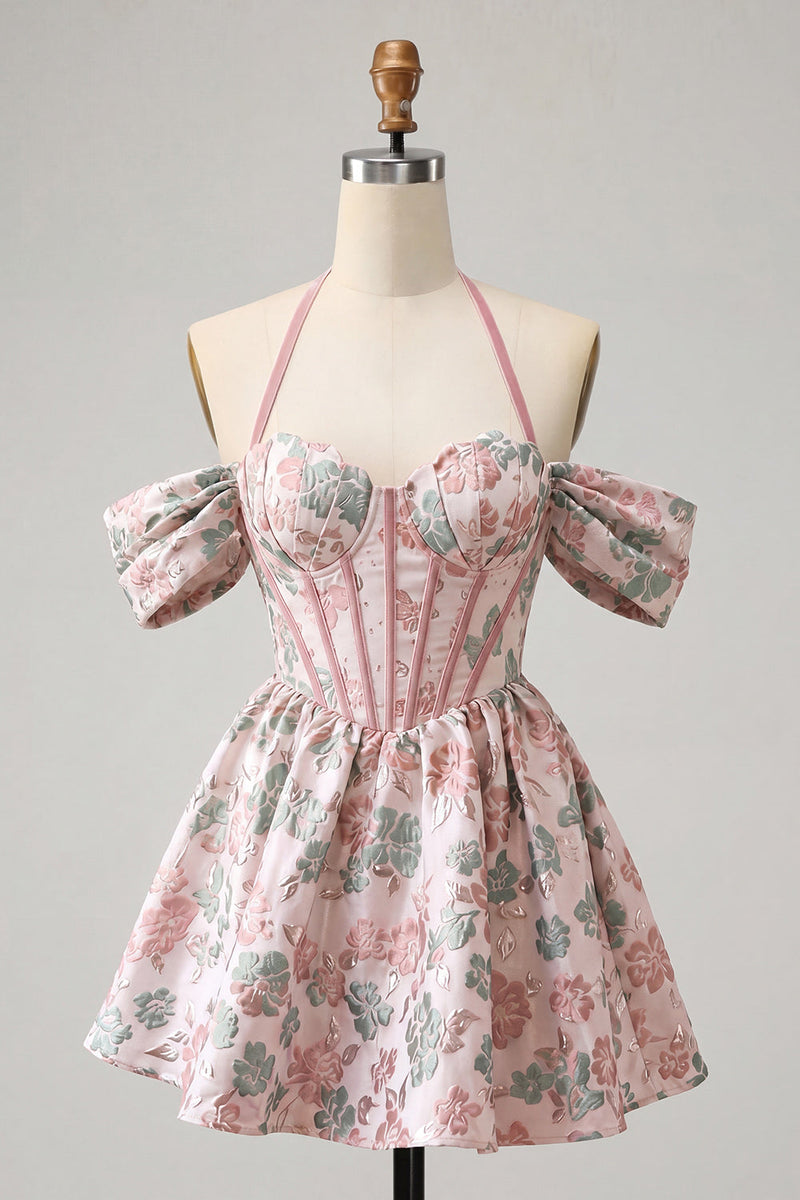 Load image into Gallery viewer, Navy Jacquard Corset A-Line Short Cocktail Dress