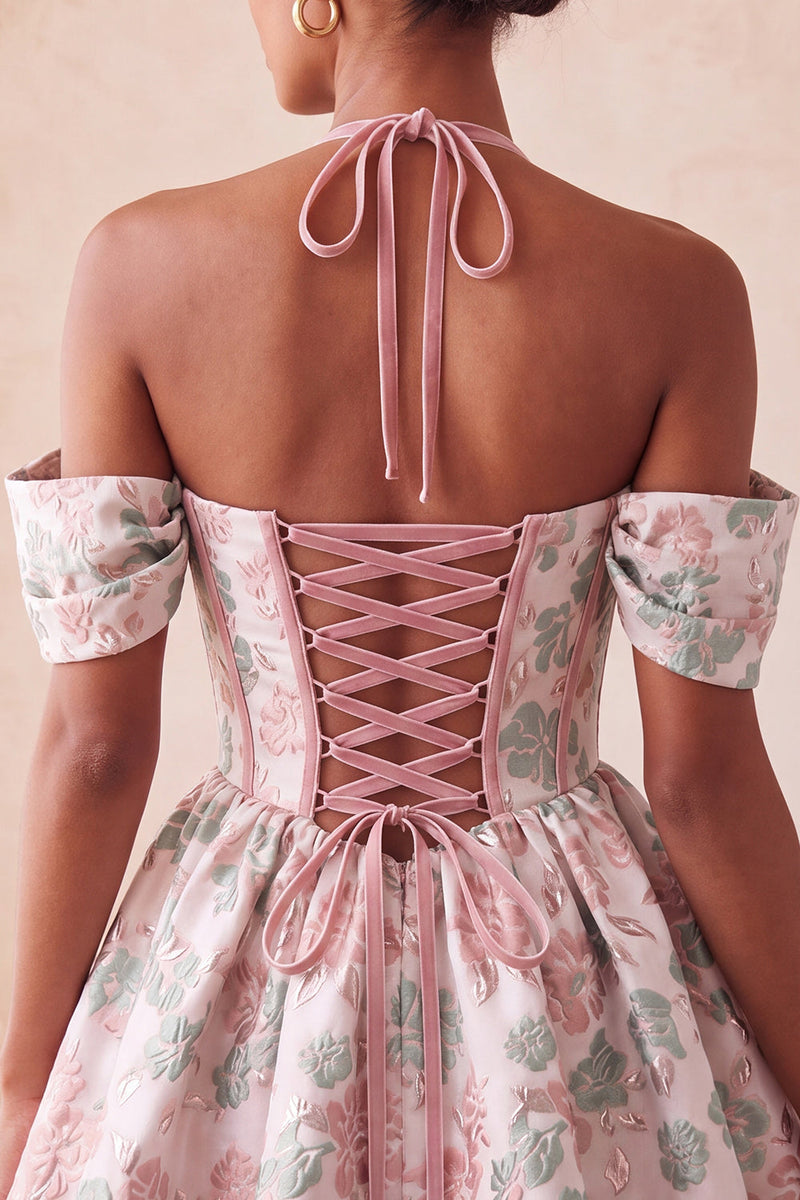 Load image into Gallery viewer, Navy Jacquard Corset A-Line Short Cocktail Dress