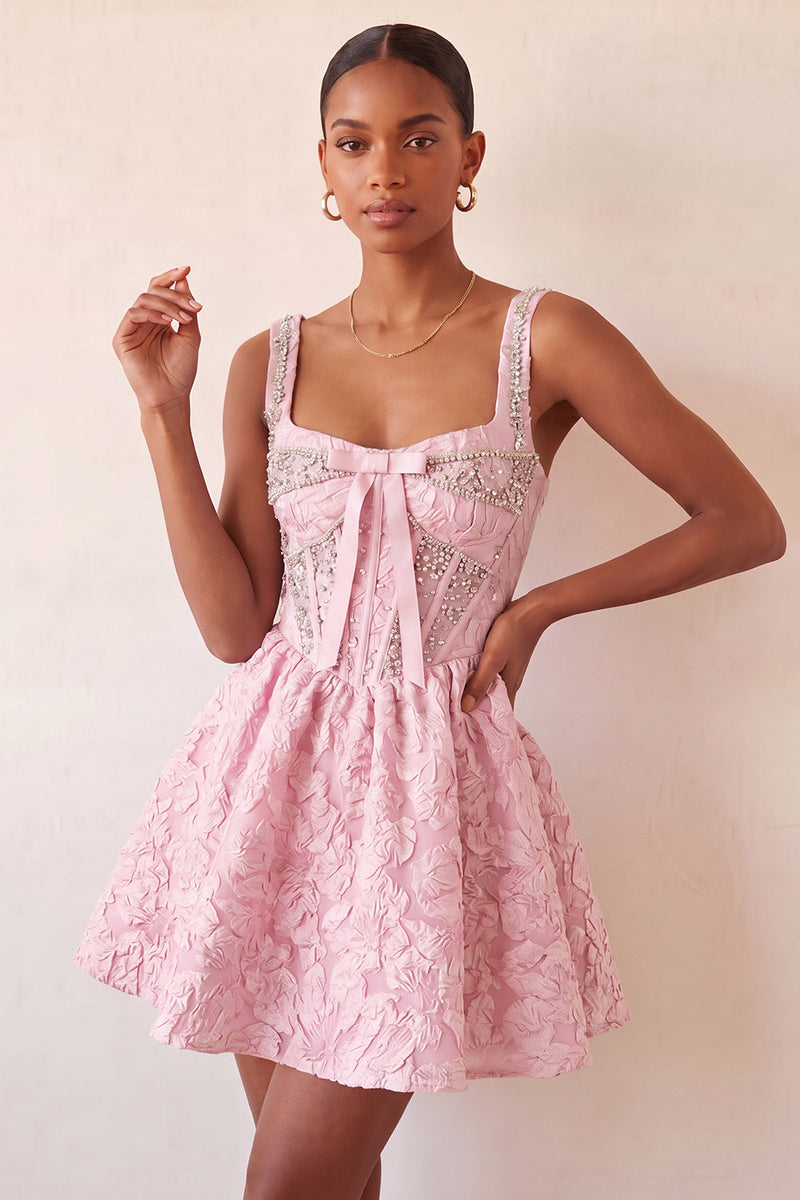 Load image into Gallery viewer, Pink Jacquard Corset Beaded A-Line Short Cocktail Dress