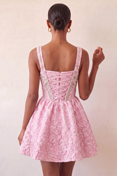 Pink Jacquard Corset Beaded A-Line Short Cocktail Dress