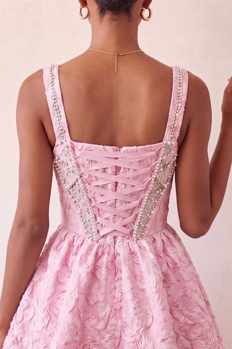 Load image into Gallery viewer, Pink Jacquard Corset Beaded A-Line Short Cocktail Dress